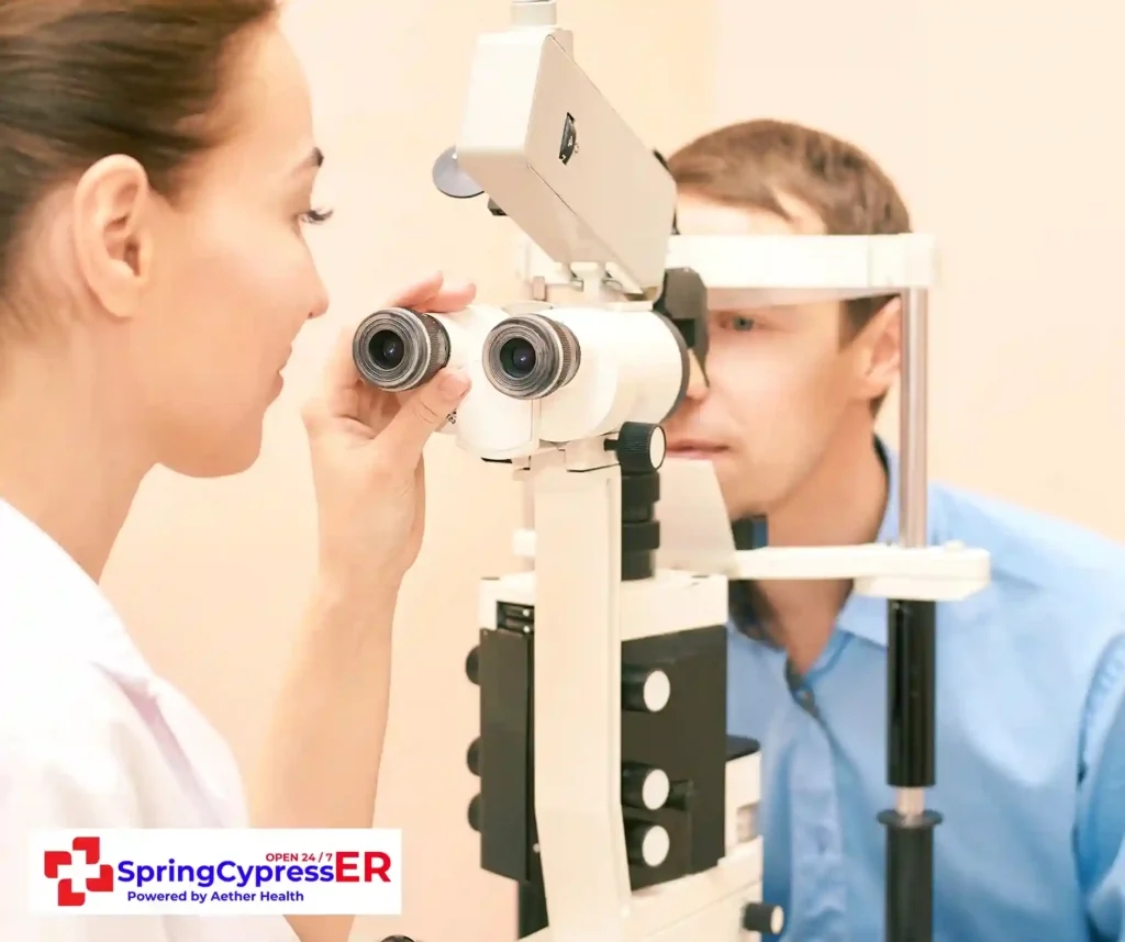 Medical team at Aether Health - Spring Cypress ER providing expert care for eye inquiry, including chemical burns in the eye to foreign object removal, in Spring, TX.