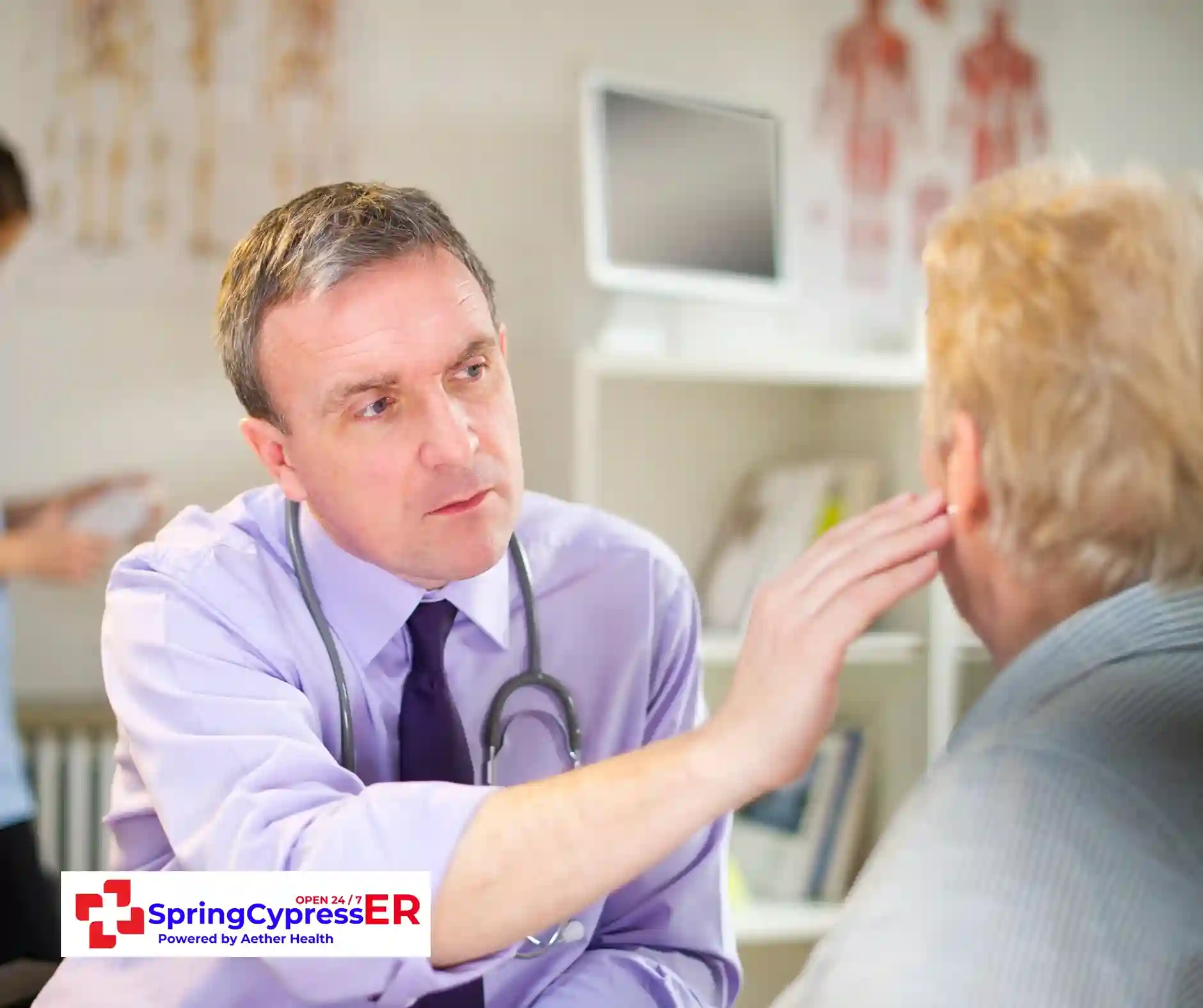 Patient consulting doctor during follow-up for ear pain management