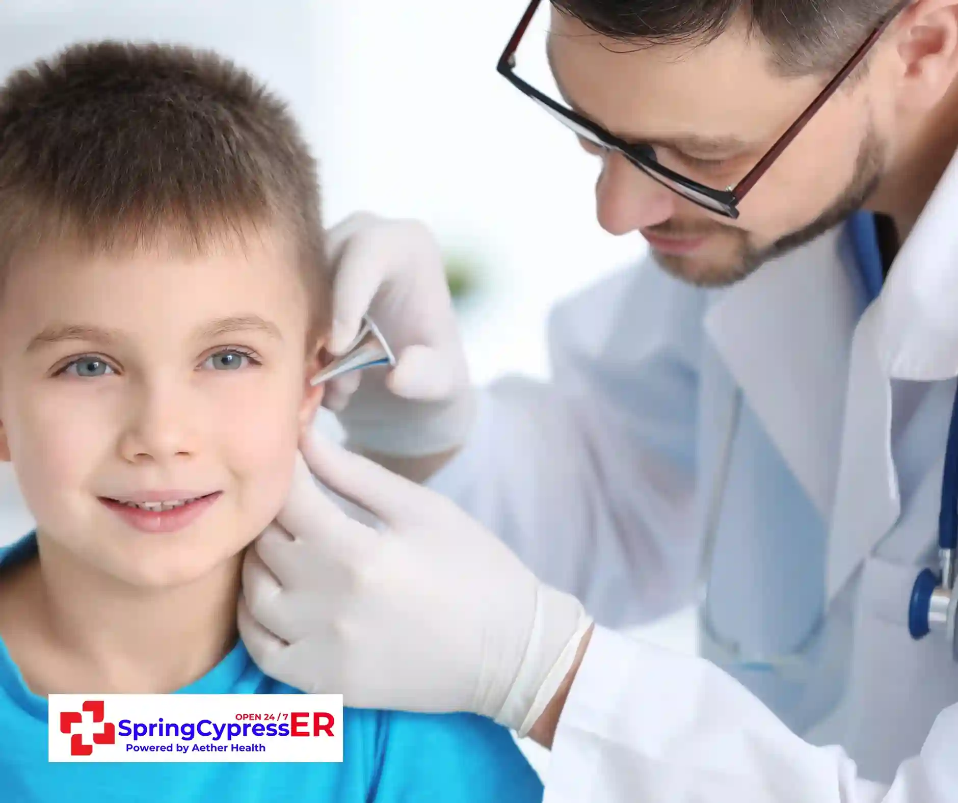 Doctor performing an ear exam for urgent care needs at Aether Health - Spring Cypress ER