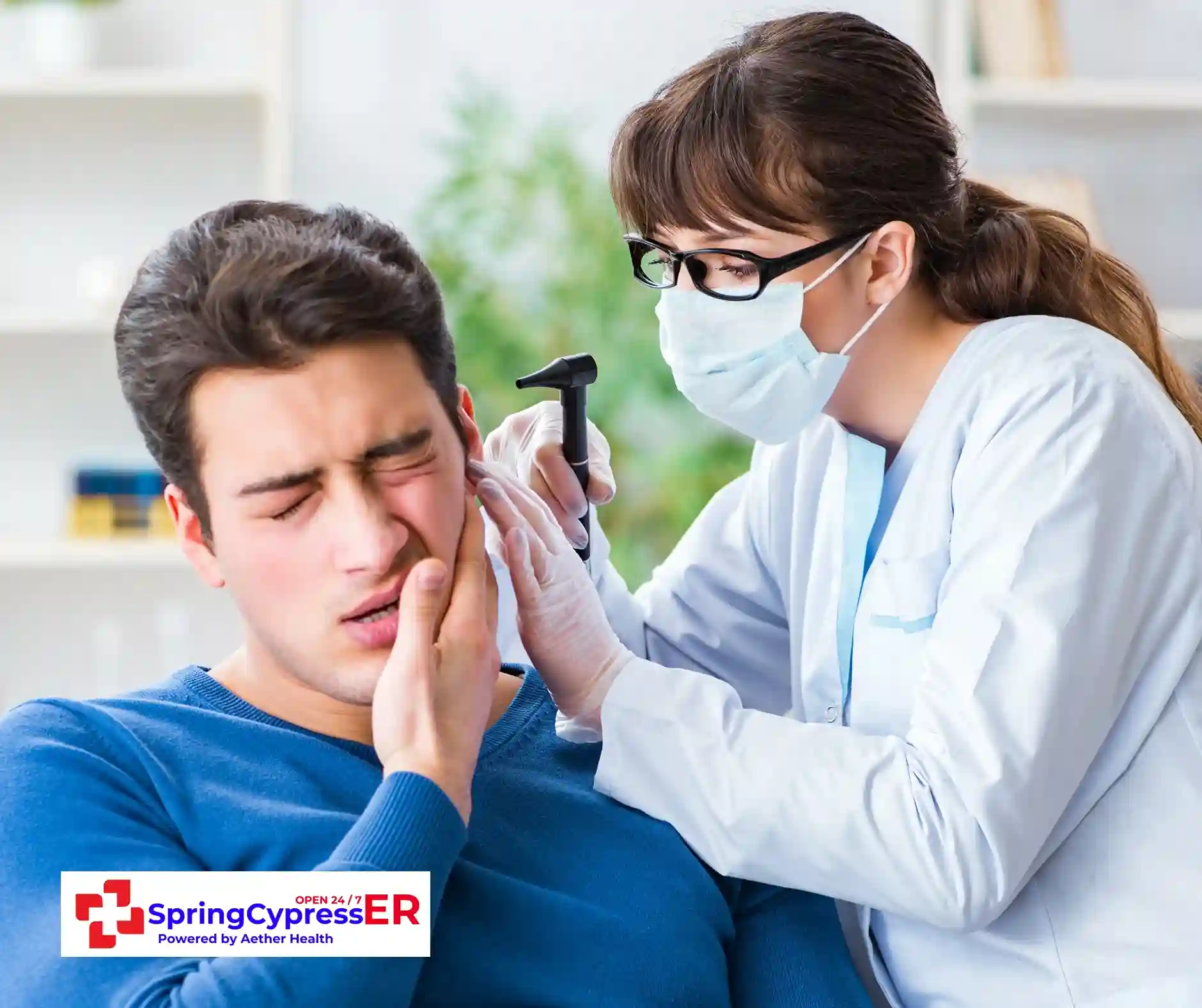 Doctor performing an ear exam for urgent care needs at Aether Health - Spring Cypress ER